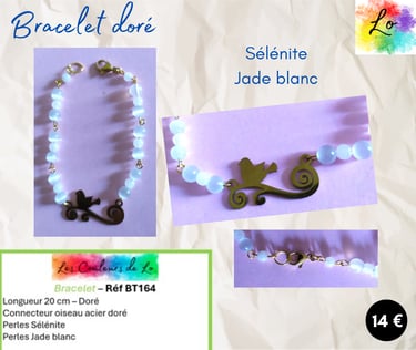 Bracelet doré oiseau acier Sélénite Jade blanc Les Couleurs de Lo