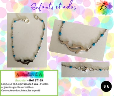 Bracelet argenté gouttes émail bleu dauphin acier Les Couleurs de Lo
