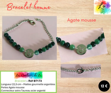 Bracelet argenté Agate mousse zodiaque Taureau Les Couleurs de Lo