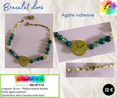 Bracelet doré Agate indienne zodiaque Taureau Les Couleurs de Lo