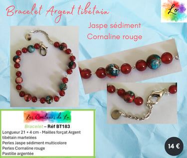 Bracelet Argent tibétain Jaspe sédiment multicolore Cornaline rouge Les Couleurs de Lo