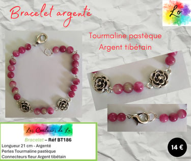 Bracelet argenté Tourmaline pastèque fleurs Argent tibétain Les Couleurs de Lo