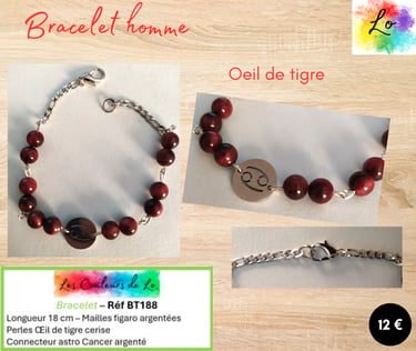 Bracelet argenté Œil de tigre rouge cerise astro cancer Les Couleurs de Lo