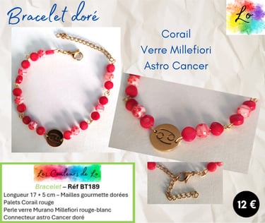 Bracelet doré verre Murano Millefiori rouge Corail rouge astro Cancer Les Couleurs de Lo