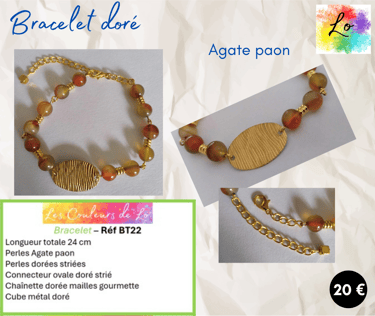 Bracelet doré Agate paon ovale métal strié Les Couleurs de Lo
