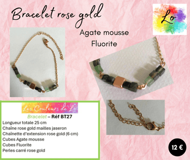 Bracelet rose gold Agate mousse Fluorite perle acier Les Couleurs de Lo