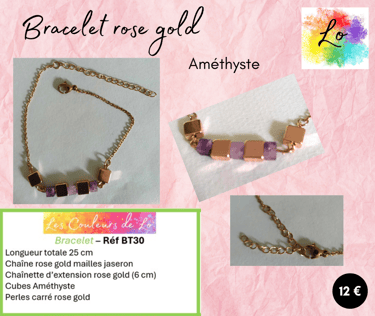 Bracelet rose gold Améthyste perles acier Les Couleurs de Lo
