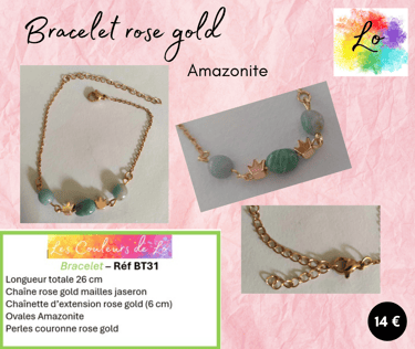 Bracelet rose gold Amazonite perles couronne acier Les Couleurs de Lo