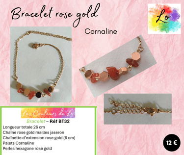 Bracelet rose gold Cornaline perles acier Les Couleurs de Lo
