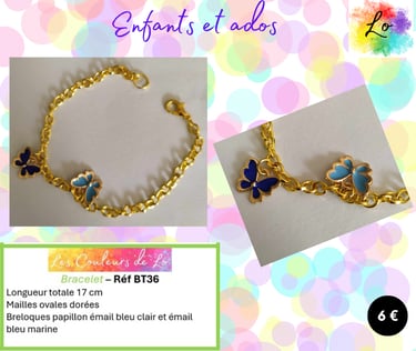 Bracelet doré papillons émail bleu Les Couleurs de Lo