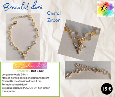 Bracelet doré mailles cristal transparent libellule Zircon transparent Les Couleurs de Lo