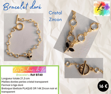 Bracelet doré mailles cristal transparent libellule Zircon noir Les Couleurs de Lo