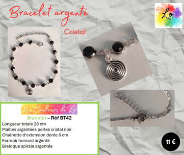 Bracelet argenté mailles cristal noir spirale argentée Les Couleurs de Lo