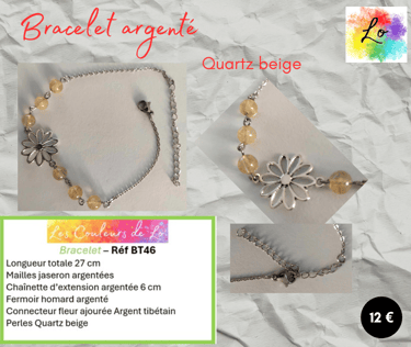 Bracelet argenté Quartz beige fleur Argent tibétain Les Couleurs de Lo