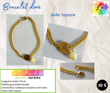 Bracelet doré zodiaque scorpion acier Jade topaze Les Couleurs de Lo