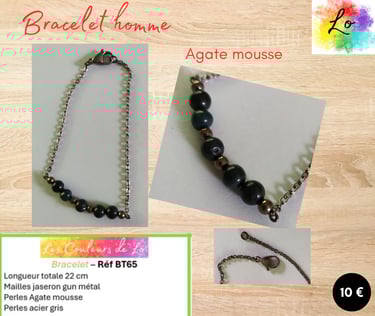 Bracelet gun métal Agate mousse perles acier gris Les Couleurs de Lo