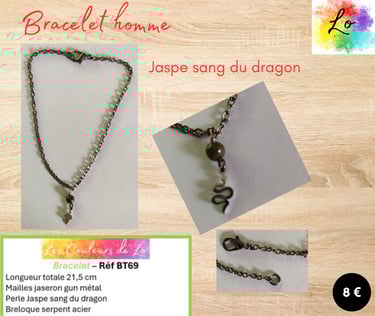 Bracelet gun métal Jaspe sang du dragon serpent acier Les Couleurs de Lo