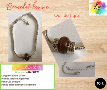 Bracelet argenté Œil de tigre perles métal à reliefs Les Couleurs de Lo