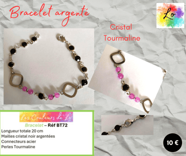 Bracelet argenté cristal noir connecteurs acier Tourmaline Les Couleurs de Lo