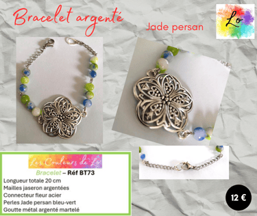 Bracelet argenté connecteur fleur acier Jade persan Les Couleurs de Lo