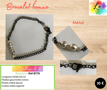 Bracelet noir perles métal ajouré cubes métal Les Couleurs de Lo