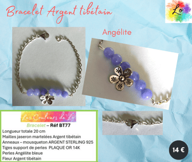 Bracelet Argent tibétain Angélite bleue fleur Argent tibétain Les Couleurs de Lo