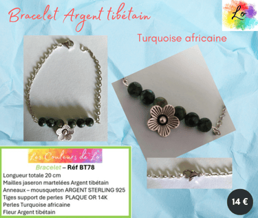 Bracelet Argent tibétain Turquoise africaine fleur Argent tibétain Les Couleurs de Lo