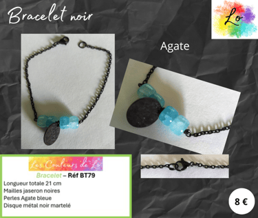 Bracelet noir Agate bleue disque martelé noir Les Couleurs de Lo