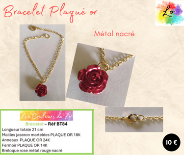 Bracelet Plaqué or breloque rose rouge métal nacré Les Couleurs de Lo