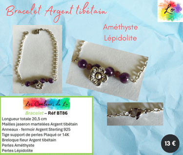 Bracelet Argent tibétain Améthyste Lépidolite fleur Les Couleurs de Lo