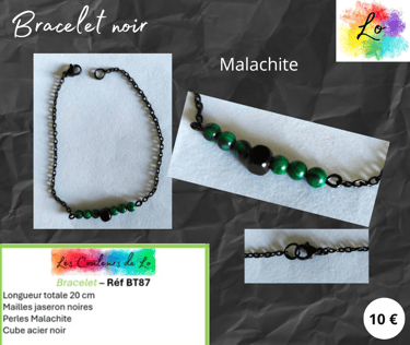 Bracelet noir Malachite cube acier noir Les Couleurs de Lo