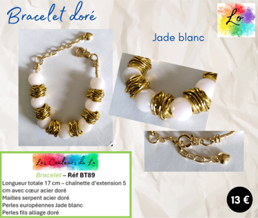 Bracelet doré Jade blanc perles acier doré Les Couleurs de Lo