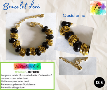 Bracelet doré Obsidienne perles acier doré Les Couleurs de Lo