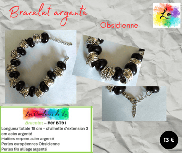 Bracelet argenté Obsidienne perles acier argenté Les Couleurs de Lo