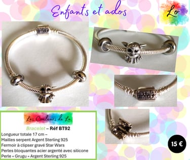 Bracelet Argent Sterling perle Grogu Star Wars Les Couleurs de Lo