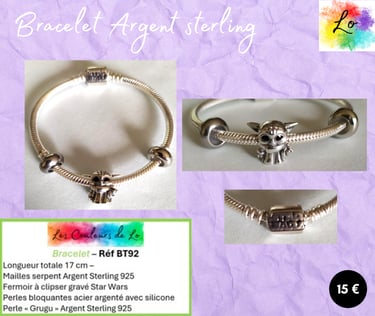 Bracelet Argent Sterling perle Grogu Star Wars Les Couleurs de Lo