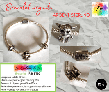 Bracelet Argent Sterling perle Grogu Star Wars Les Couleurs de Lo