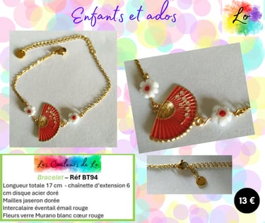 Bracelet doré éventail émail rouge fleurs Murano Les Couleurs de Lo