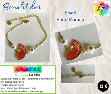 Bracelet doré éventail émail rouge fleurs Murano  Les Couleurs de Lo