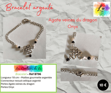 Bracelet argenté nœud celtique Agate veines du dragon Onyx Les Couleurs de Lo