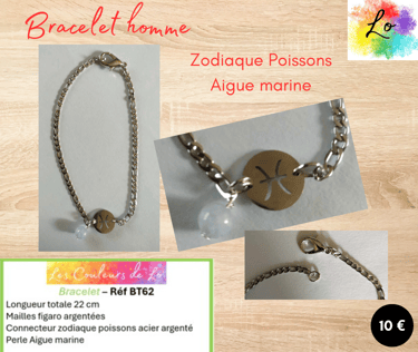 Bracelet argenté zodiaque Poissons acier Aigue marine Les Couleurs de Lo