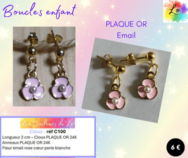 Boucles clous Plaqué or fleur émail rose Les Couleurs de Lo