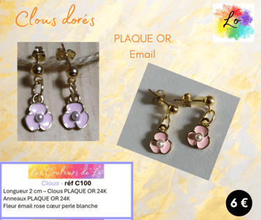 Boucles clous Plaqué or fleur émail rose Les Couleurs de Lo