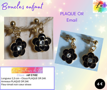 Boucles clous Plaqué or fleur émail noir Les Couleurs de Lo