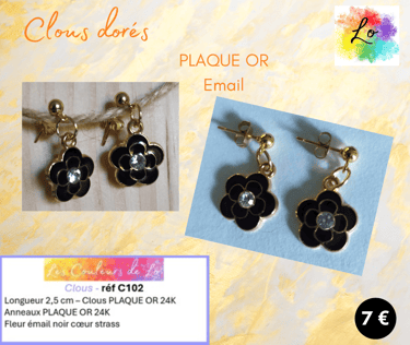 Boucles clous Plaqué or fleur émail noir Les Couleurs de Lo