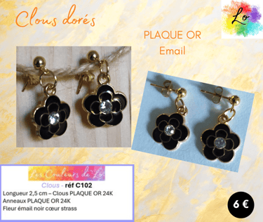 Boucles clous Plaqué or fleur émail noir les Couleurs de Lo