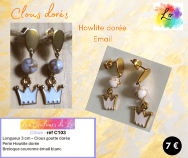 Boucles clous dorés Howlite dorée couronne émail blanc Les Couleurs de Lo