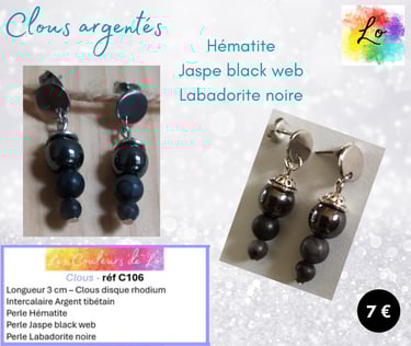 Clous argentés Hématite Jaspe black web Labadorite noire Les Couleurs de Lo