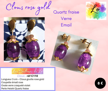 Boucles clous rose gold Quartz fraise verre violet émail rose Les Couleurs de Lo