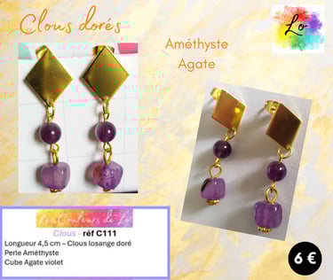 Boucles clous dorés Améthyste Agate Les Couleurs de Lo